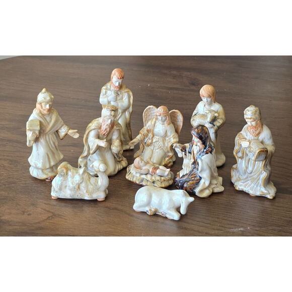 Vintage Nativity Scene Figurines 9-Piece Set Hand-Painted Ceramic Religious Chri